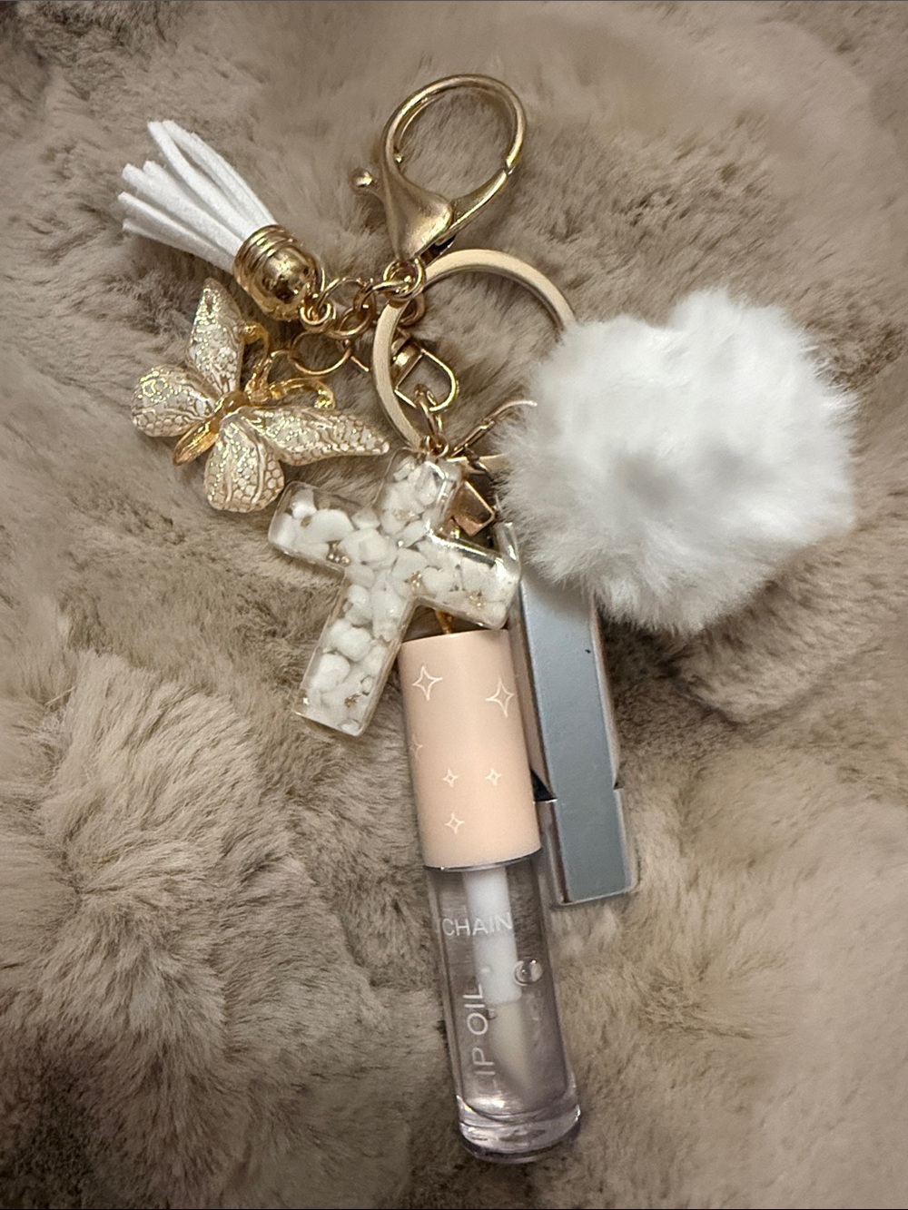 Keychain- Gold-Tone Butterfly & Marble Cross Keychain Charm with Pom Pom - Picture 3 of 6